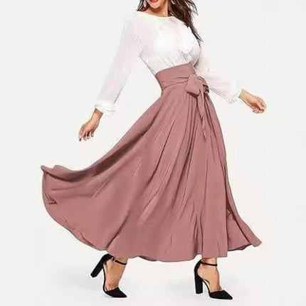 Women's Elegant High Waist Long Skirt Tie Front Pleated Maxi Skirts