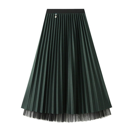 Women's Pleated Tulle Skirt Elastic High Waist Layered A-Line Midi Skirt