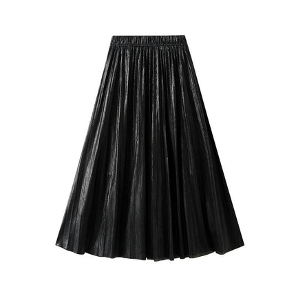 Women's Party Elastic Waist Metallic Shiny Accordion Pleated Midi Skirt