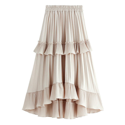 Womens Elastic High Waist Flowy Pleated Skirt Swing A-line Layered Ruffle Midi Skirt