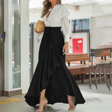 Women's High Waist Asymmetrical Ruffle Hem A-line High Low Maxi Skirt