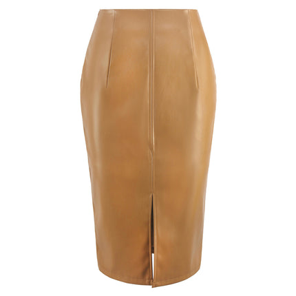 Women's Faux Leather Pencil Skirt High Waist Bodycon Split Midi Skirt