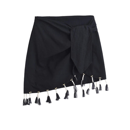 Womens High Waist FringesHem Tie Wrap Skirt Summer Casual A Line Mini Skirt