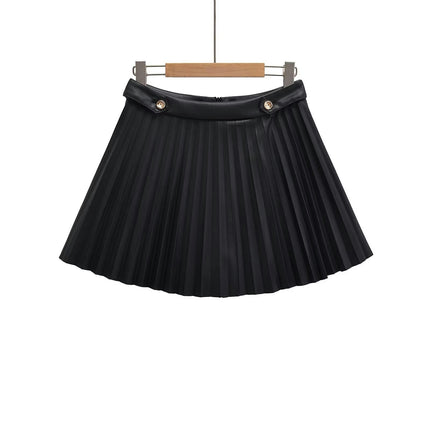 Women's High Waist Short Skirts Faux Leather Pleated A Line Mini Skirts