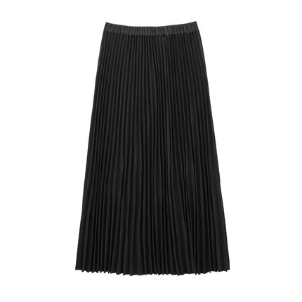 Womens Elastic High Waist Flowy Pleated Skirt Swing A-line Long Skirt