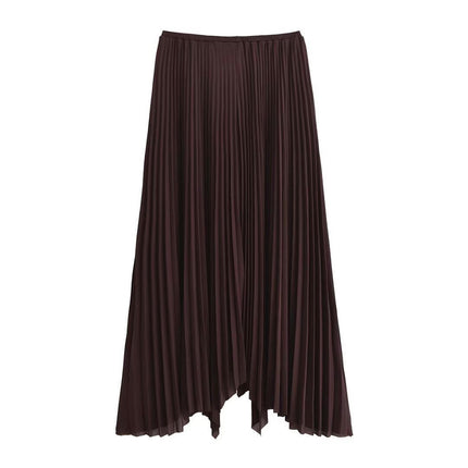Women's High Waist Pleated Skirt A line Swing Asymmetric Hem Long Skirt