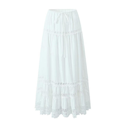 Womens High Waisted Long Skirts A Line Lace Trim Flowy Maxi Skirt
