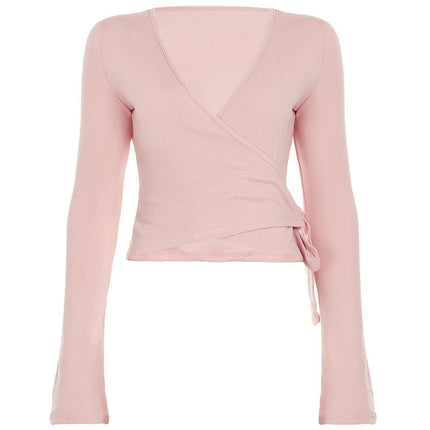 Womens Long Sleeve Wrap V-Neck Tie Slim Fitted Top Casual Going Out T-Shirt