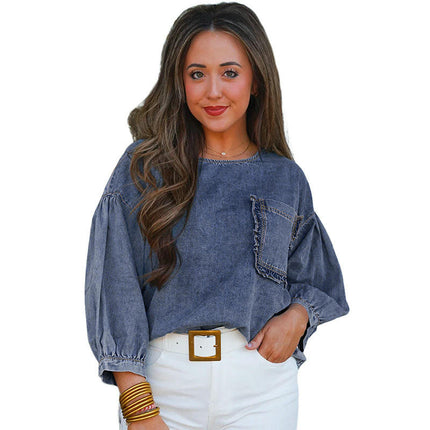 Womens Crew Neck 3/4 Sleeve Tees Solid Color Casual Loose Tops