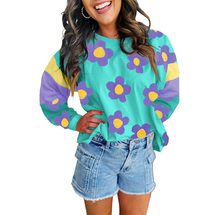 Womens Print Crewneck Tops Casual Loose Fitting Long Sleeve T Shirt