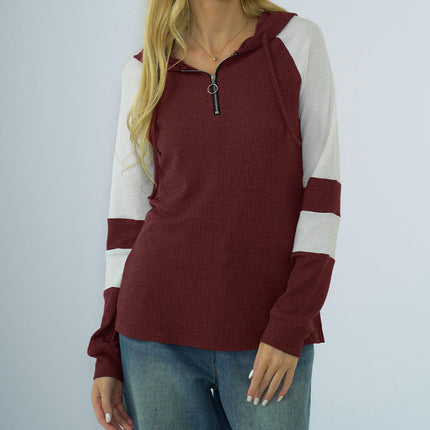 Women's Long Sleeve Sweatshirts Half Zip Loose Color Block Hooded Tops