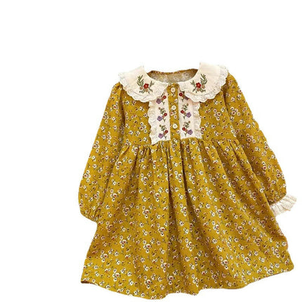 Girls Embroidered Doll Collar Long Sleeve Floral Dress Spring Pastoral Style Dress