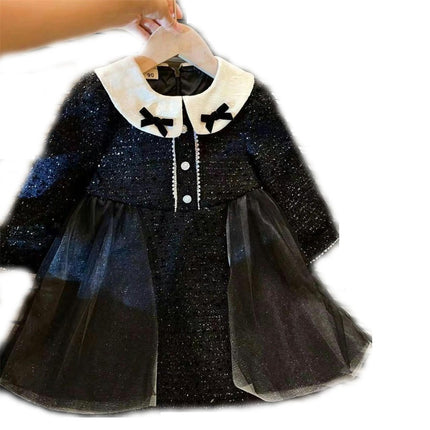 Children's Autumn Dress-Mom Collar Mesh Splicing Long Sleeve Little Girl Princess Dress