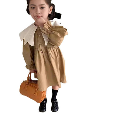 Girls Dress-Spring Casual Loose Large Lapel Long Sleeve Princess Dress