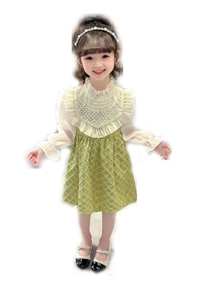 Girls Lace Pearl Dress Spring and Autumn Baby Girls Long Sleeve Fashion Princess Dress
