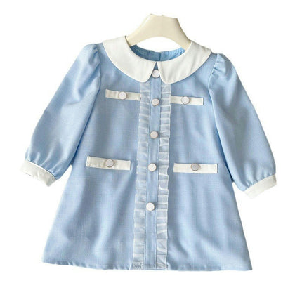 Girls Dress Lapel Button Long Sleeve Casual Sundress A-Line Skirt