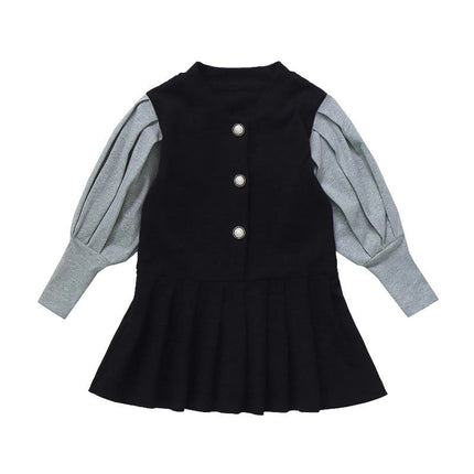 Toddler long-sleeved button-stitched contrast dress Spring casual princess dress