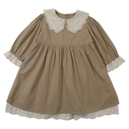 Baby Girl Spring and Autumn Solid Color Long Sleeve Lace Patchwork Dress