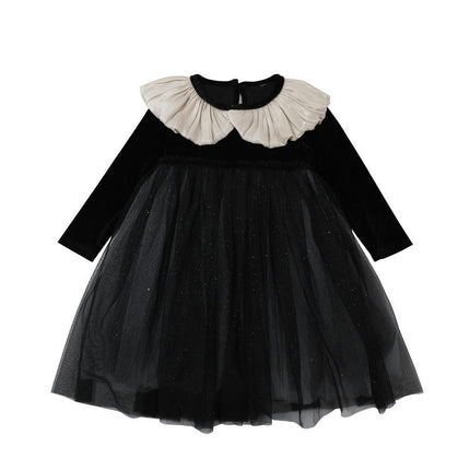 Girls Casual Dress Autumn Long Sleeve Velvet Splicing Mesh Princess Skirt