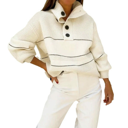 Women's Waffle Knit Knitwear Slouchy Striped Long Sleeve Pullover Sweater Tops