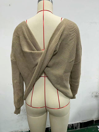 Open Back Sweater for Women, Criss Cross Boat Neck Long Sleeve Crop Sweater