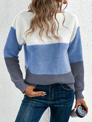 Womens Color Block Sweaters Long Sleeve Crewneck Pullover Knit Jumper Tops