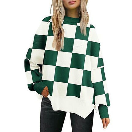 Women's Loose Pullover Sweater Round Neck Checkered Colorblock Knitted Sweater