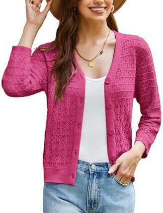 Women's 3/4 Sleeve Crochet Button Cardigan Cropped Lightweight Sweater Top