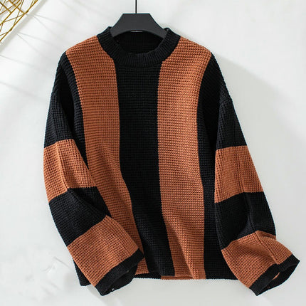 Women Round Neck Striped Knit Sweaters Color Block Long Sleeve Loose Pullover Tops
