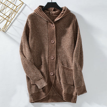 Womens Hooded Button Knit Cardigan Loose Long Sleeve Sweater Jacket with Pockets