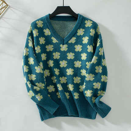 Women's V-neck Floral Jacquard Pullover Sweater Casual Long-sleeved Knitted Top