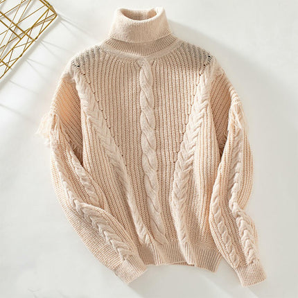 Women's Turtleneck Cable Tassel Sweater Casual Loose Long Sleeve Knit Top
