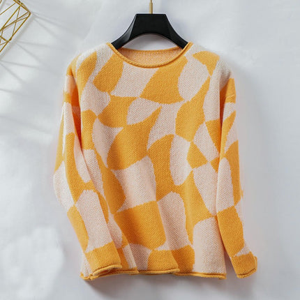 Women's Contrast Color Round Neck Rolled Hem Sweater Loose Long Sleeve Knit Top