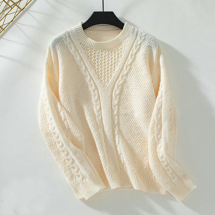 Womens Sweaters Crewneck Elegant Long Sleeve Hollow Cable Knit Pullover Tops
