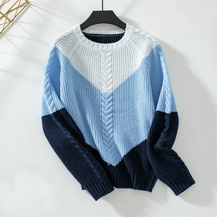 Women's Contrast Color Cable Knit Pullover Long Sleeve Crew Neck Casual Sweater