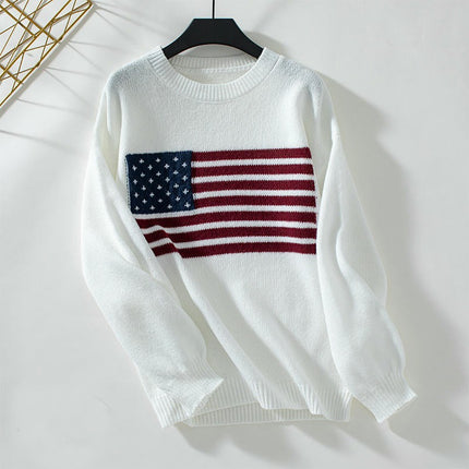 Women's American Flag Pullover Crew Neck Knit Sweater Long Sleeve Casual Tops