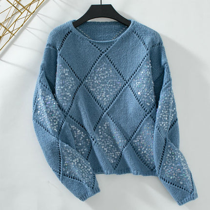 Women's Fashion Hollow Sequined Knitted Cardigan Diamond Pullover Loose Sweater