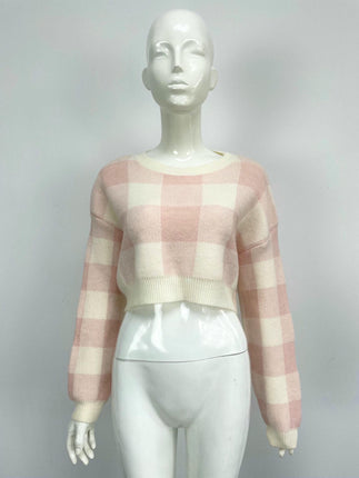 Women's Plaid Contrast Color Pullover Sweater Loose Cropped Long Sleeve Cardigan