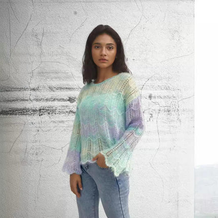 Women's Lightweight Hollow Knit Sweater Long Sleeve Gradient Color Pullover