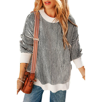 Women's Striped Contrast Color Warm Sweater Loose Long Sleeve Pullover Cardigan
