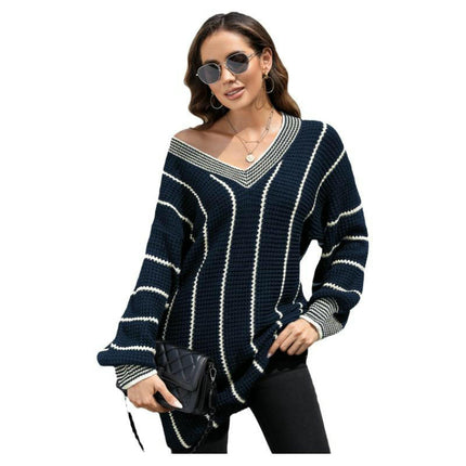 Women's Pullover V-neck Knitted Top Casual Long Hip-Covering Striped Sweater