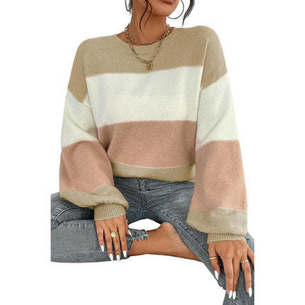 Women's Colorblock Round Neck Sweater Casual Loose Lantern Sleeve Pullover