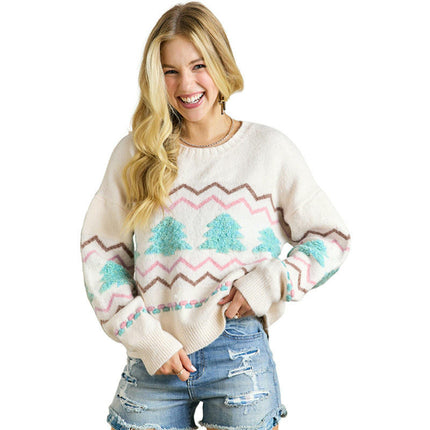 Women's Pullover Round Neck Long Sleeve Top Christmas Tree Threaded Sweater