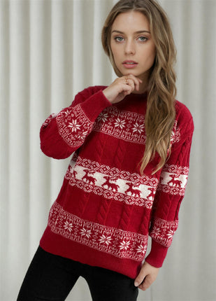 Women's Snowflake Reindeer Christmas Knitted Sweater Loose Long Sleeve Top