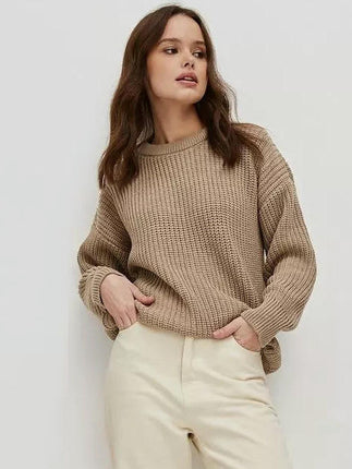 Loose Chunky Knit Pullover-Solid Color Round Neck Long Sleeve Sweater for Women