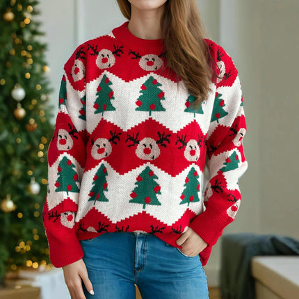Autumn and Winter Christmas Sweater Women's Round Neck Contrast Jacquard Sweater