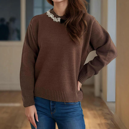 Beaded Bowknot Round Neck Sweater Women Autumn and Winter Casual Long Sleeve Knitted Top