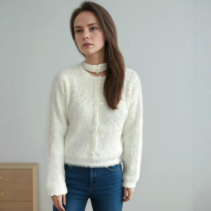 Women's Solid Color Long-Sleeved Neck Slim Fit Seahorse Wool Pullover Sweater