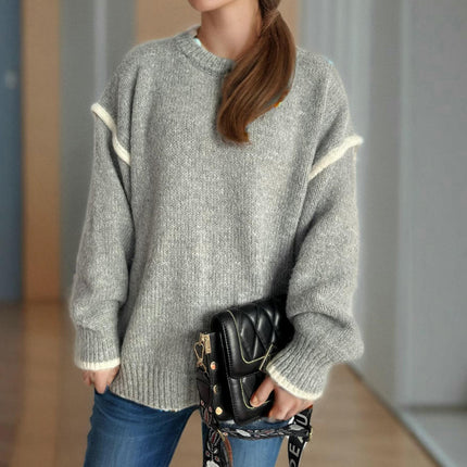Women's Knitted Sweater Stitching Pullover Round Neck Thick Loose Sweater