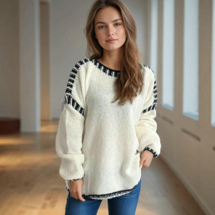 Loose Casual Stitching Knitted Sweater Women's Round Neck Long Sleeve Pullover